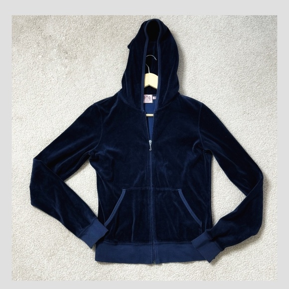 Juicy Couture Velour Hoodie Zip Up Juicy Embellished Logo On Back Navy Blue Sz L - Picture 4 of 11